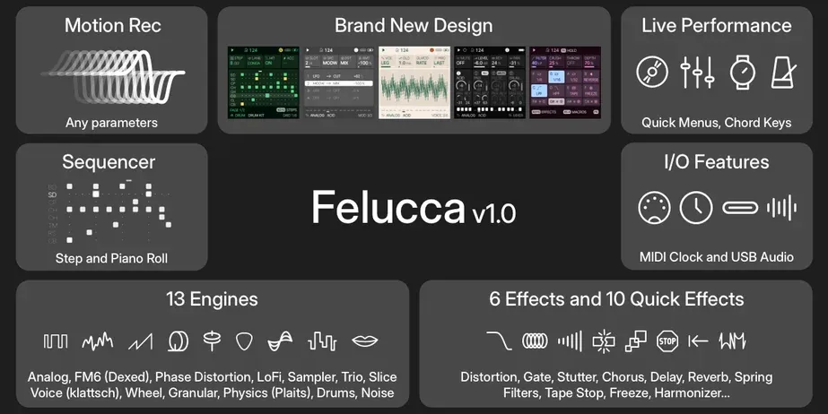 Felucca 1.0's feature overview: its new design, sequencer, thirteen engines, and effects