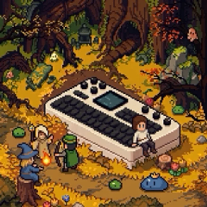 FM1 Quest's title art: a pixel-art party of heroes around an FM1 in an autumn forest