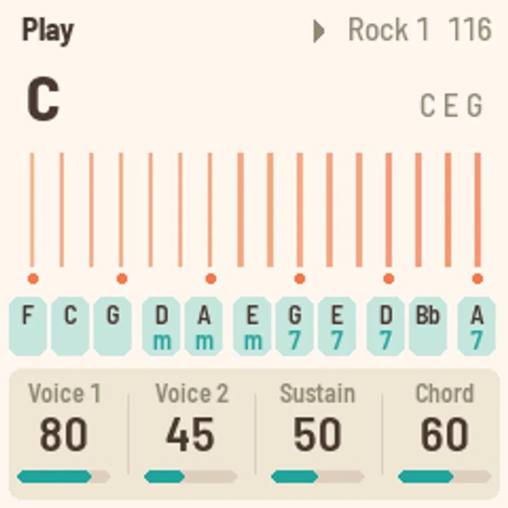 FoMni's strum screen, with the chord's strings and its chord buttons