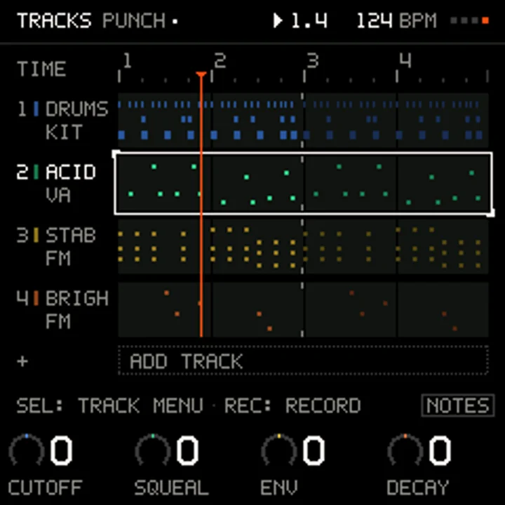 Groove OS's tracks screen, with drum, acid, and FM tracks
