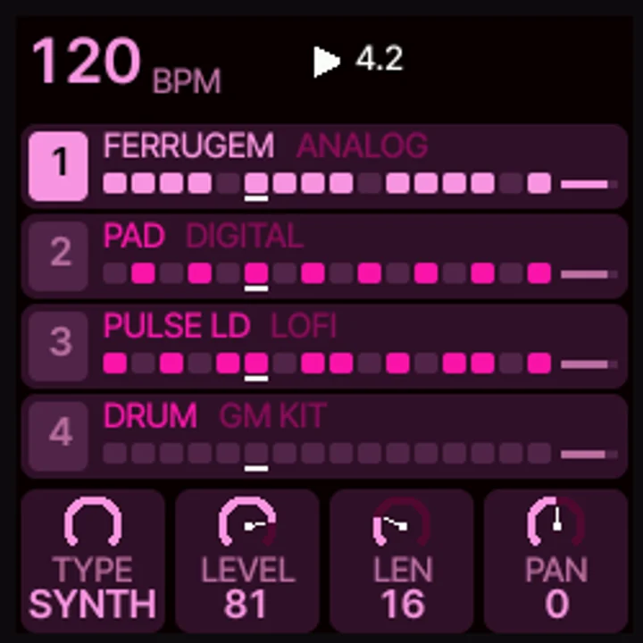 Jangada's tracks screen, with four tracks in magenta