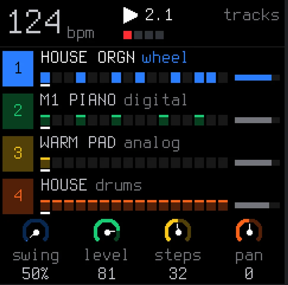 SLOOP's tracks screen, with its four tracks playing