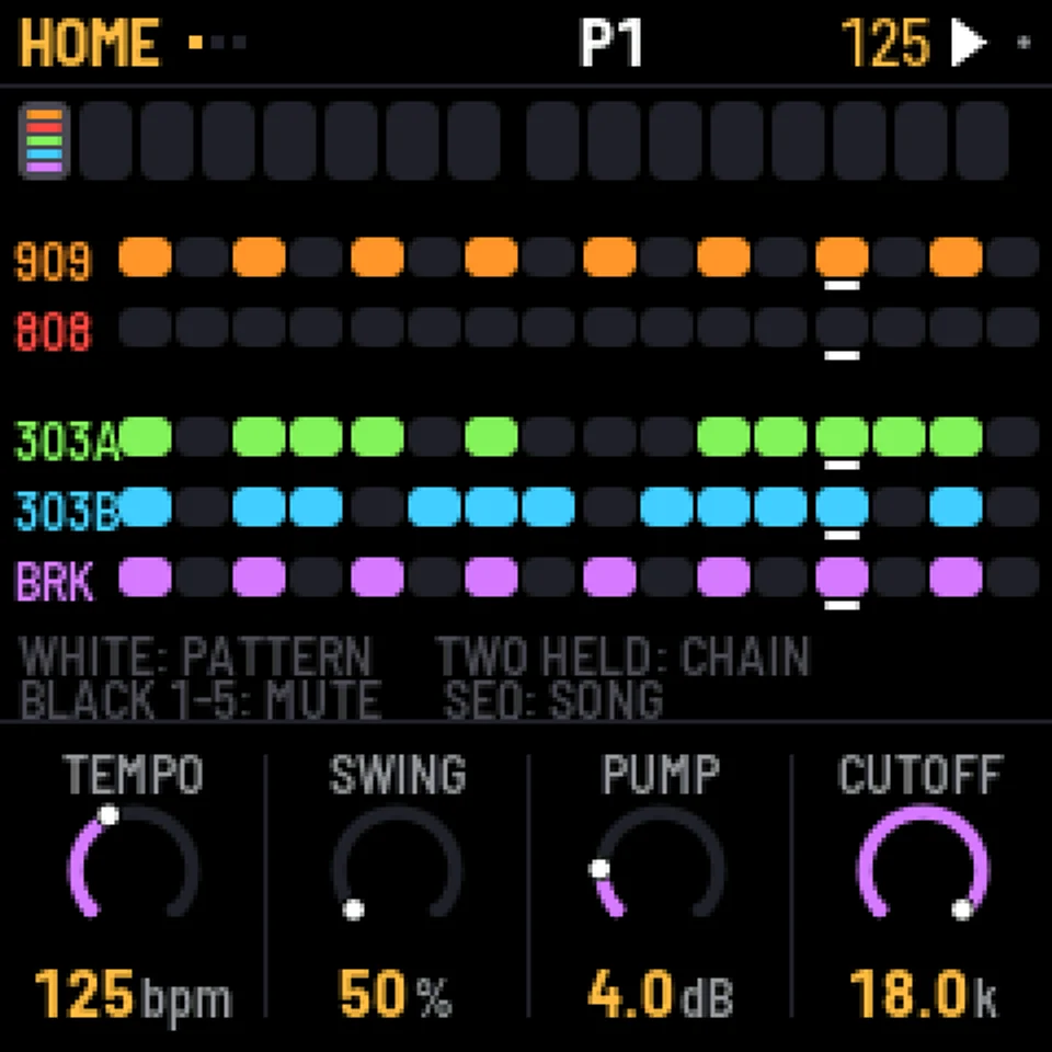 X0X's home screen, with the 909, 808, two 303s, and breakbeat patterns